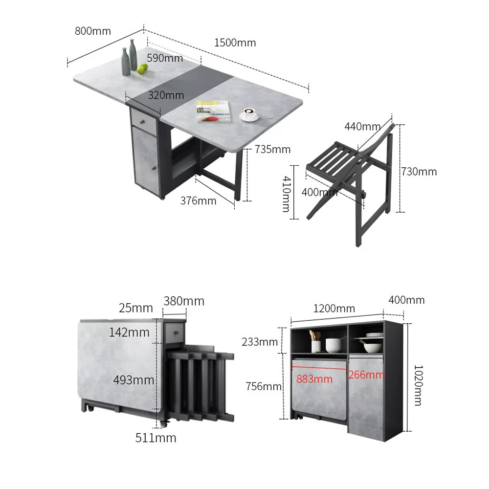 Multipurpose Saving Space Best Quality Promotional Side cabinet Folding Dining Table Set Chairs with Wheels Home Dining Room