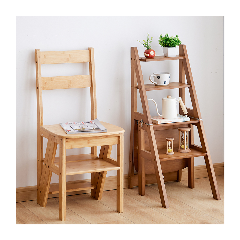 2023 New Design Functional Convertible Folding Solid Wood Bamboo Step Ladder Chair For Warehouse And Library Dining Chair