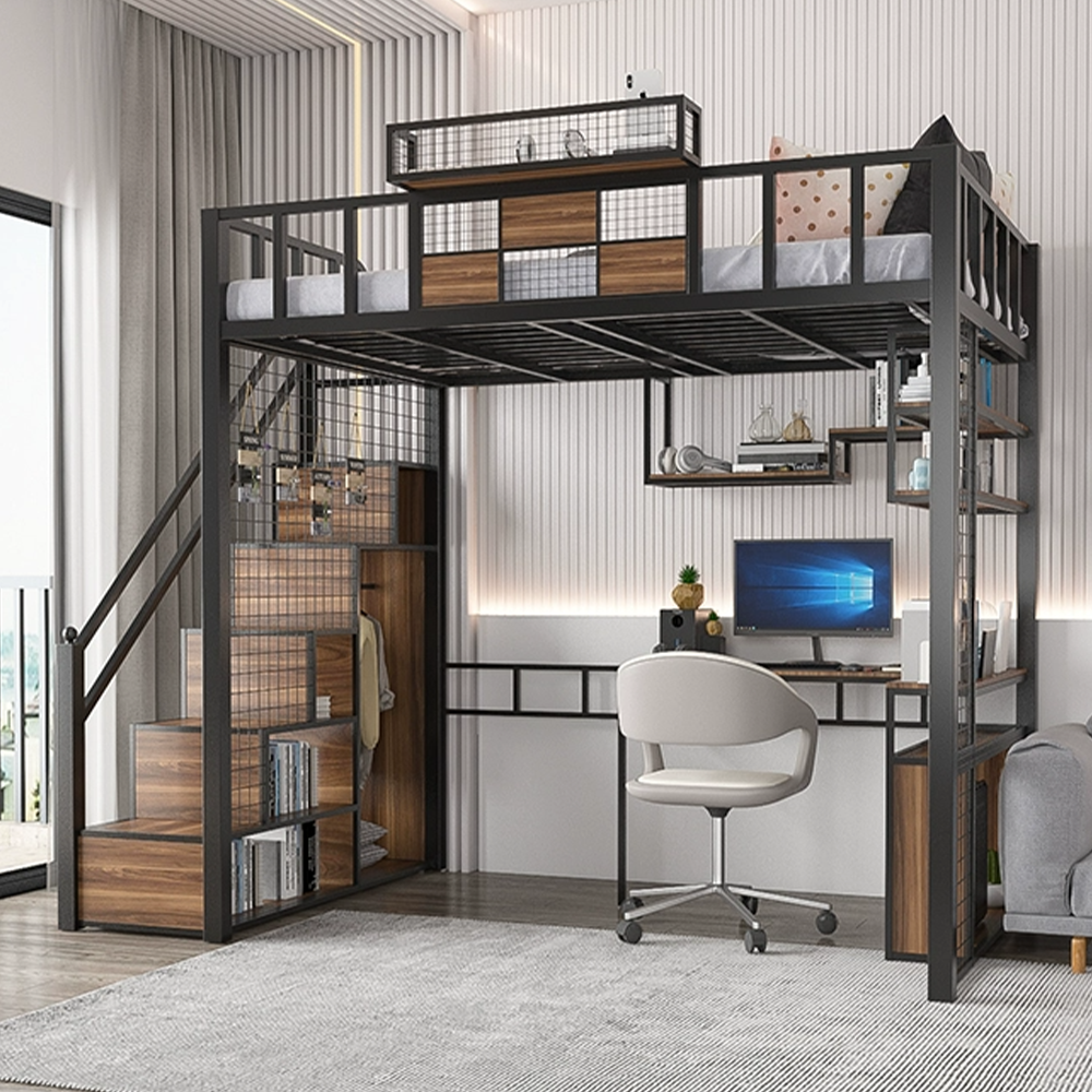 Factory Direct Small Apartment Home Dormitory Metal Stable Student Wooden Storage Loft Bunk Bed With Desk