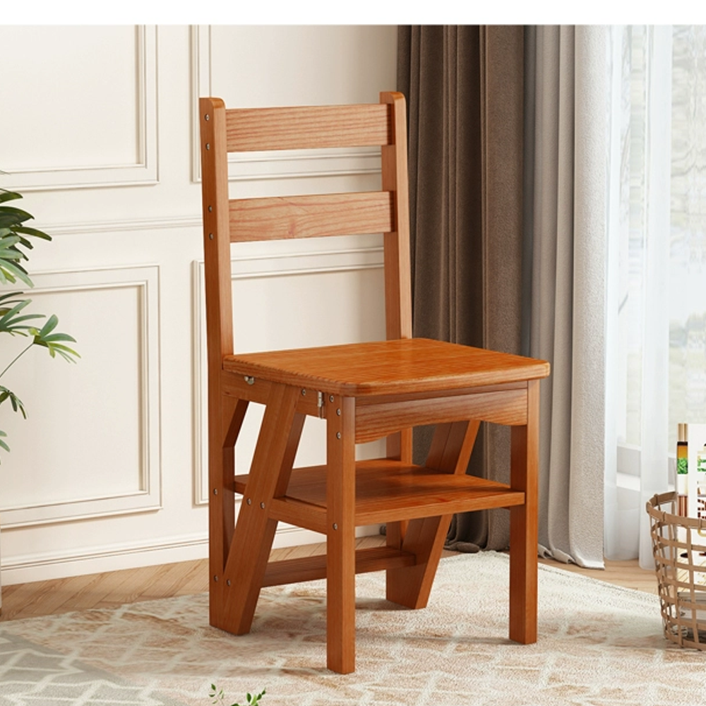 2023 New Design Functional Convertible Folding Solid Wood Bamboo Step Ladder Chair For Warehouse And Library Dining Chair