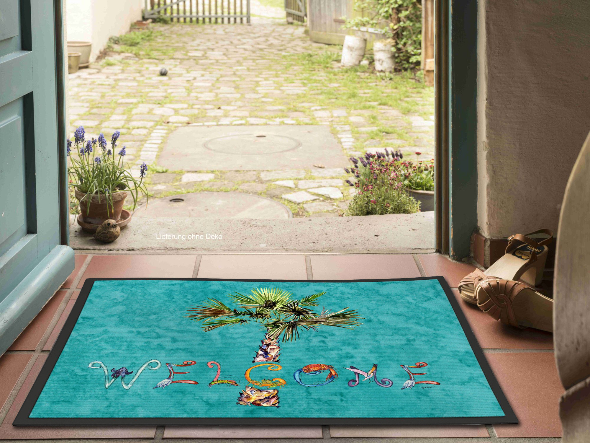 Customized Welcome Doormat Rubber Backing Modern Palm Tree on Teal Door Mat