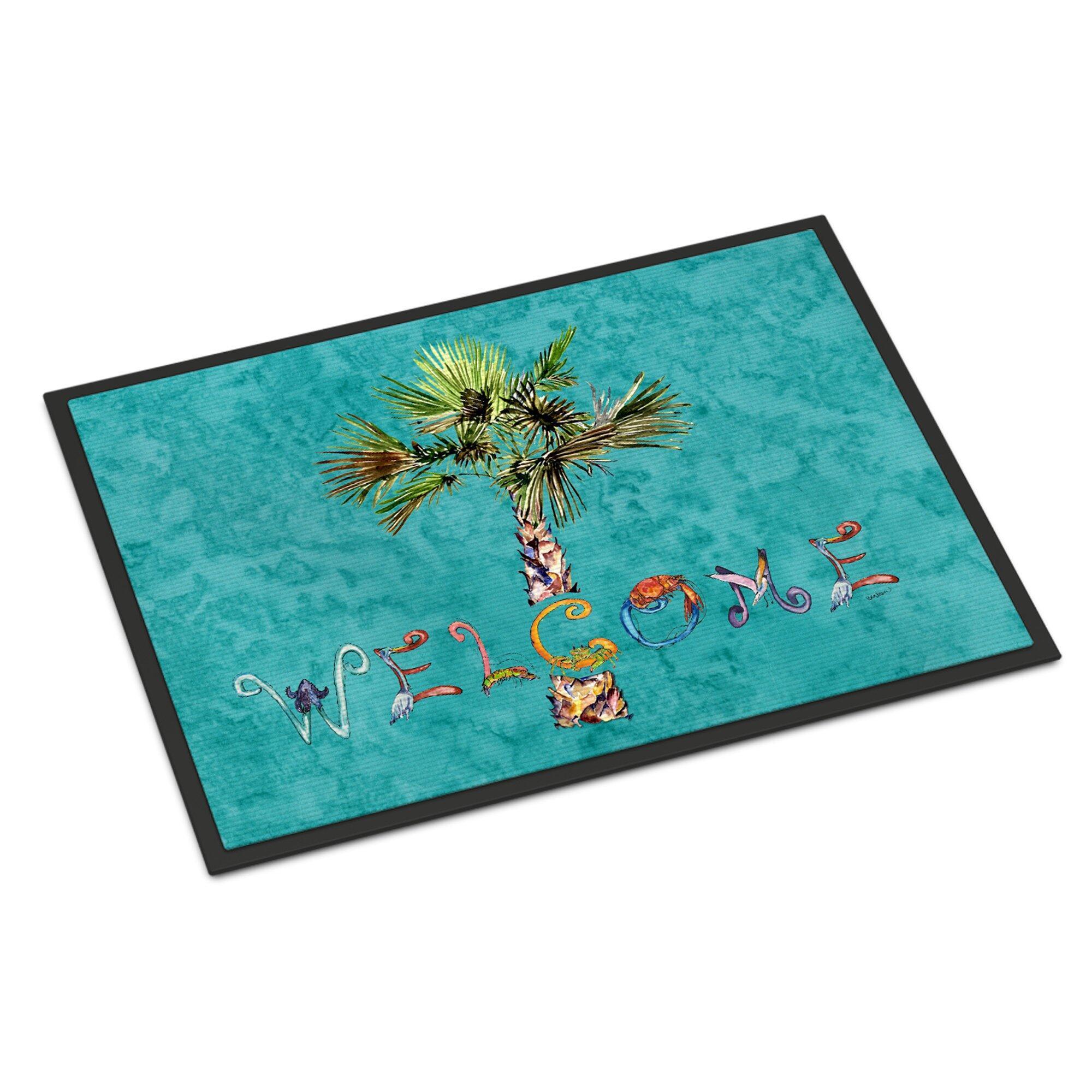 Customized Welcome Doormat Rubber Backing Modern Palm Tree on Teal Door Mat