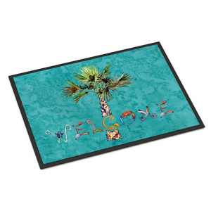 Customized Welcome Doormat Rubber Backing Modern Palm Tree on Teal Door Mat