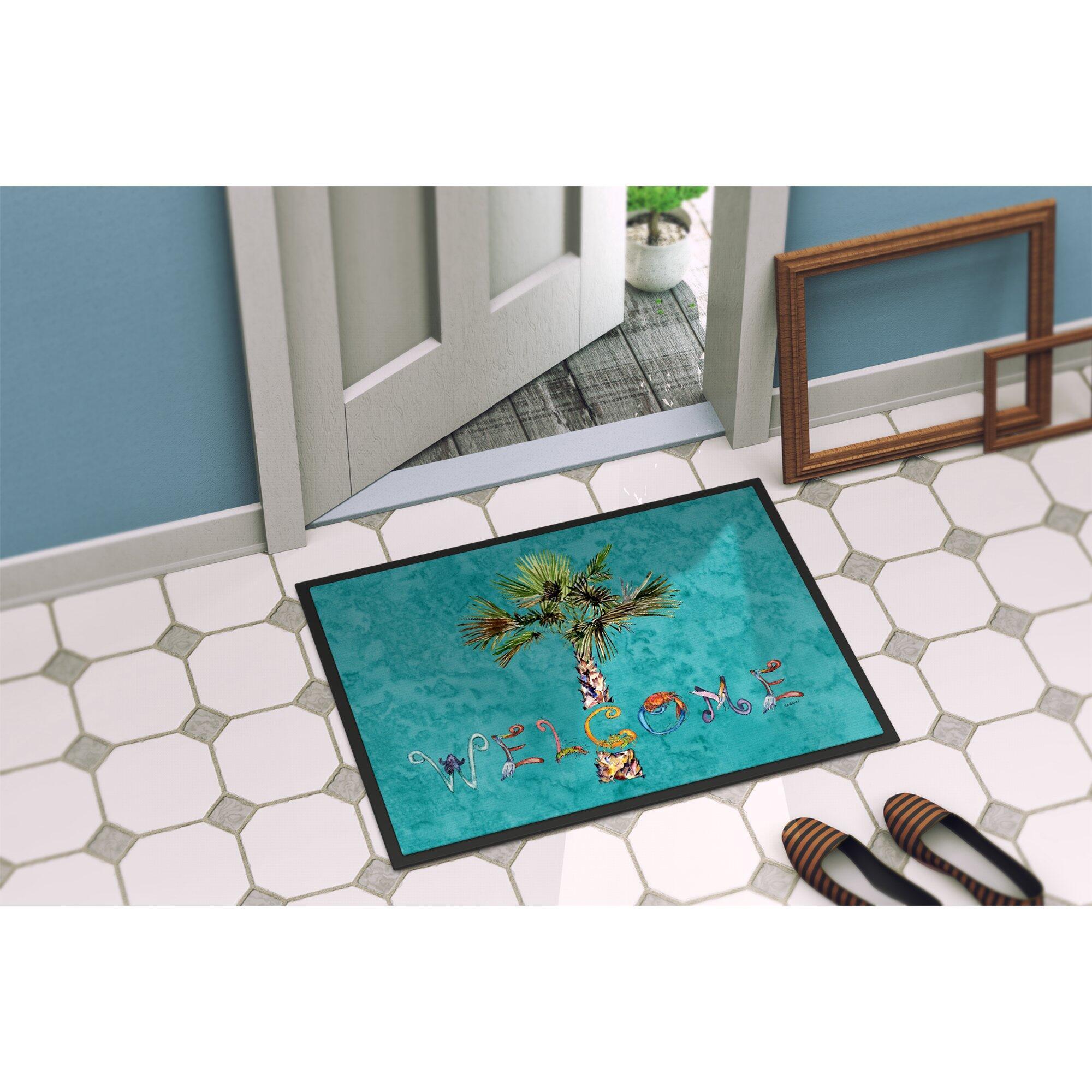 Customized Welcome Doormat Rubber Backing Modern Palm Tree on Teal Door Mat