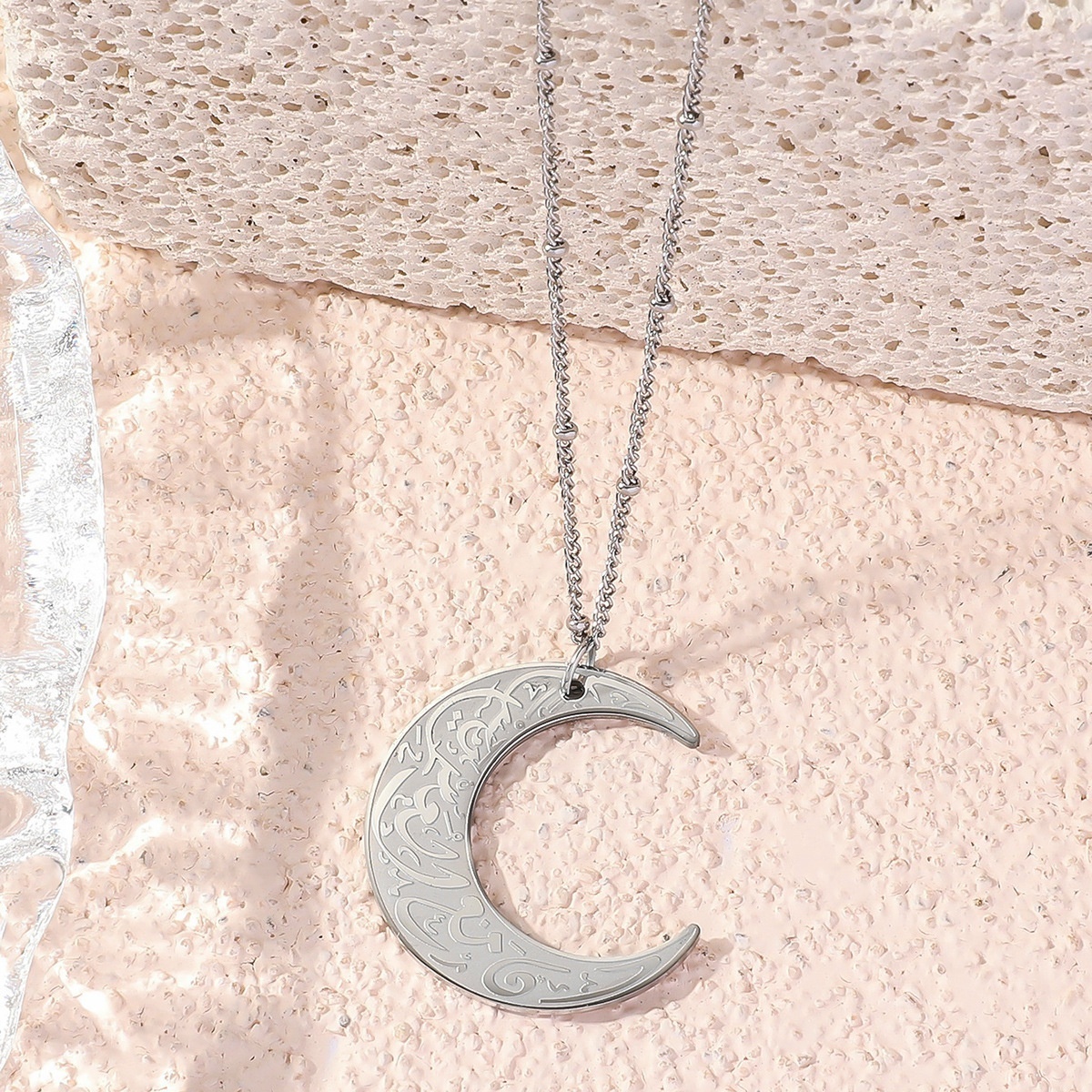 Fashion Stainless Steel 18k Gold Plated Ayatul Kursi  Moon Pendant Necklace Arabic Sleeve Engraved Mantra Islam Muslim Necklace