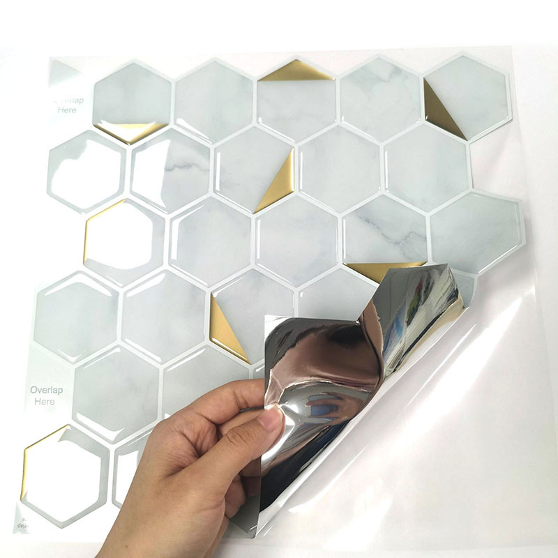 Backsplash 3D Self-Adhesive Peel and Stick  Waterproof Wall Tiles Hexagon White and Gold Home Decor For Bathroom and Kitchen