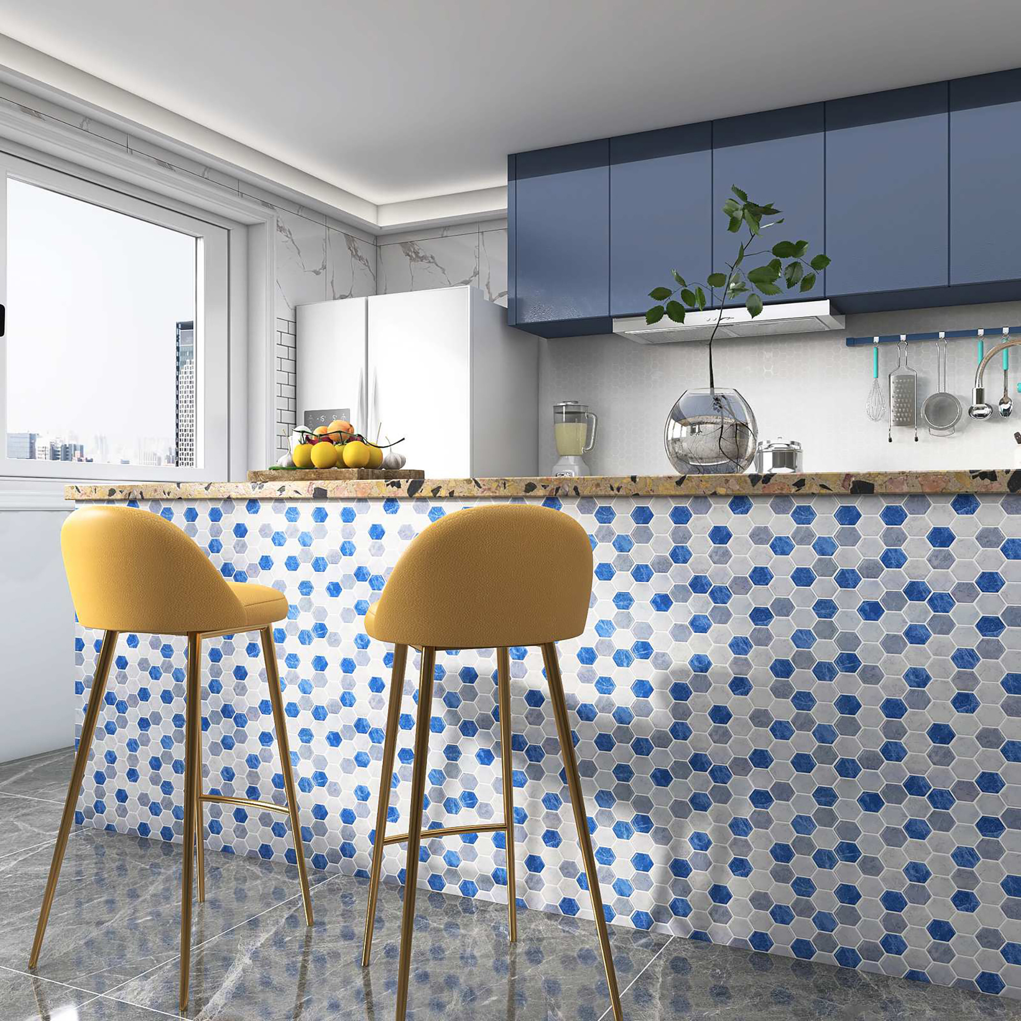 Hexagon Vinyl Sticker Self Adhesive Wallpaper 3D Peel and Stick Square Wall Tiles for Kitchen and Bathroom Backsplash