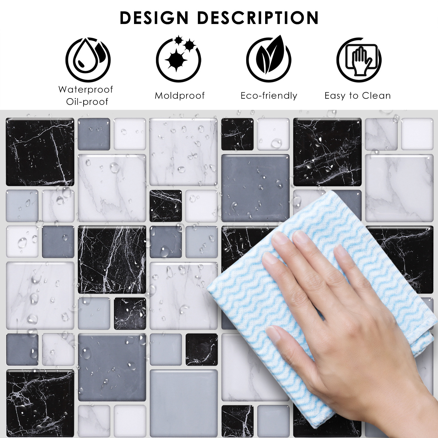 Waterproof 3D Effect Factory Custom Crystal Epoxy Wall sticker tiles for kitchen