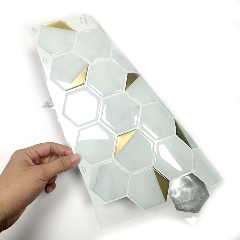 Backsplash 3D Self-Adhesive Peel and Stick  Waterproof Wall Tiles Hexagon White and Gold Home Decor For Bathroom and Kitchen