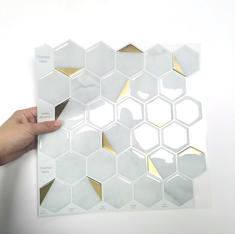 Backsplash 3D Self-Adhesive Peel and Stick  Waterproof Wall Tiles Hexagon White and Gold Home Decor For Bathroom and Kitchen