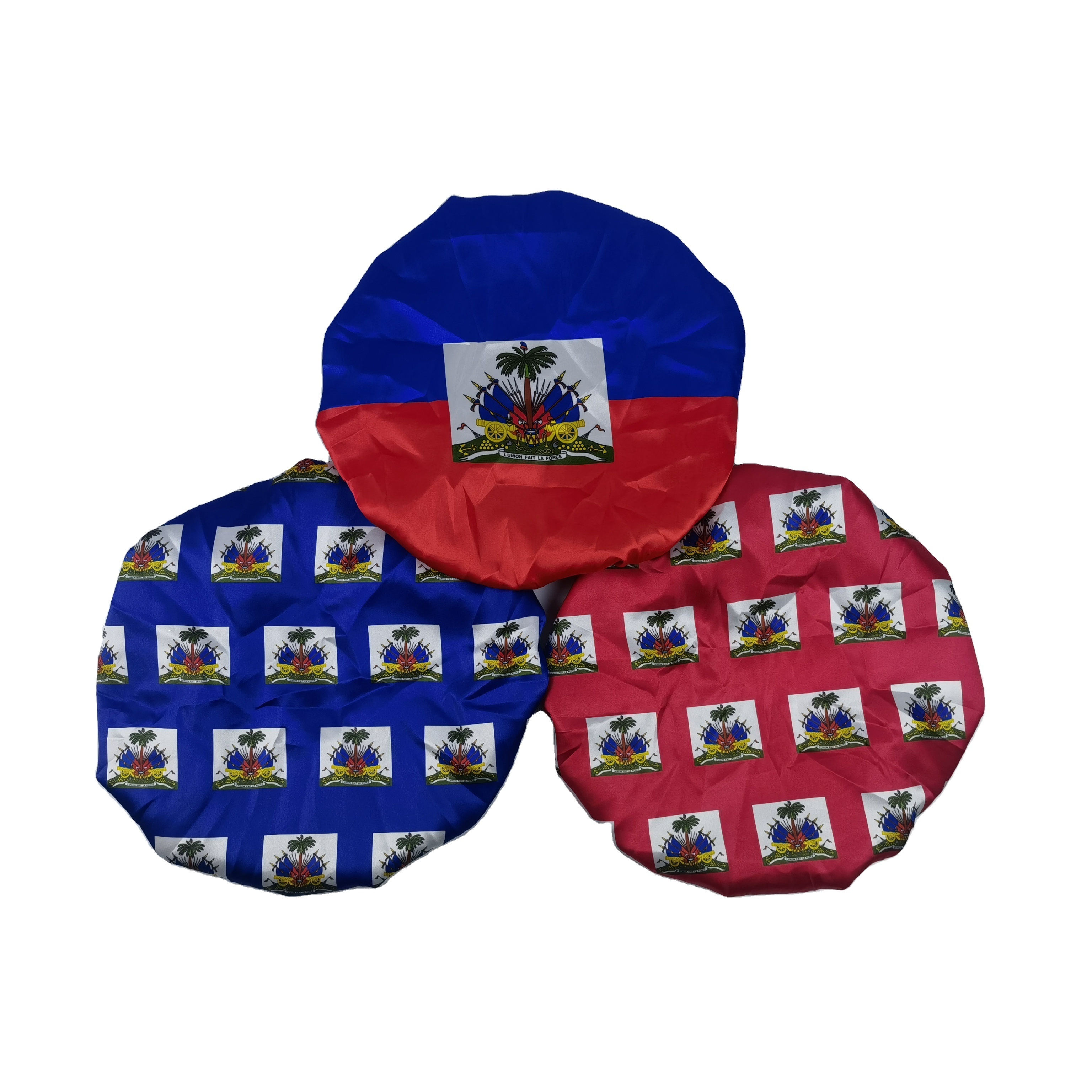 Wholesale reversible custom print Haitian flag sleep cap designer satin hair durag bonnet