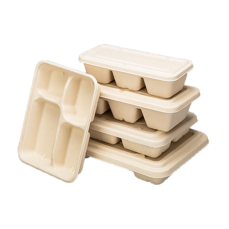 Disposable four-compartment lunch box pulp compartment lunch box degradable lunch plate with lid