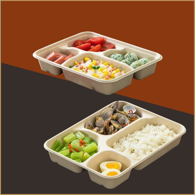 Disposable four-compartment lunch box pulp compartment lunch box degradable lunch plate with lid