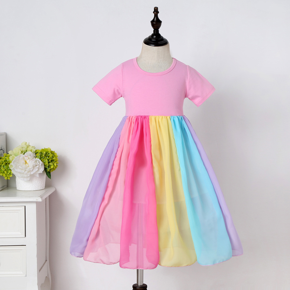 Wholesale summer girls Short Sleeve Rainbow splicing tulle Dress Girls maxi Princess Dress Party Baby Girl Dresses