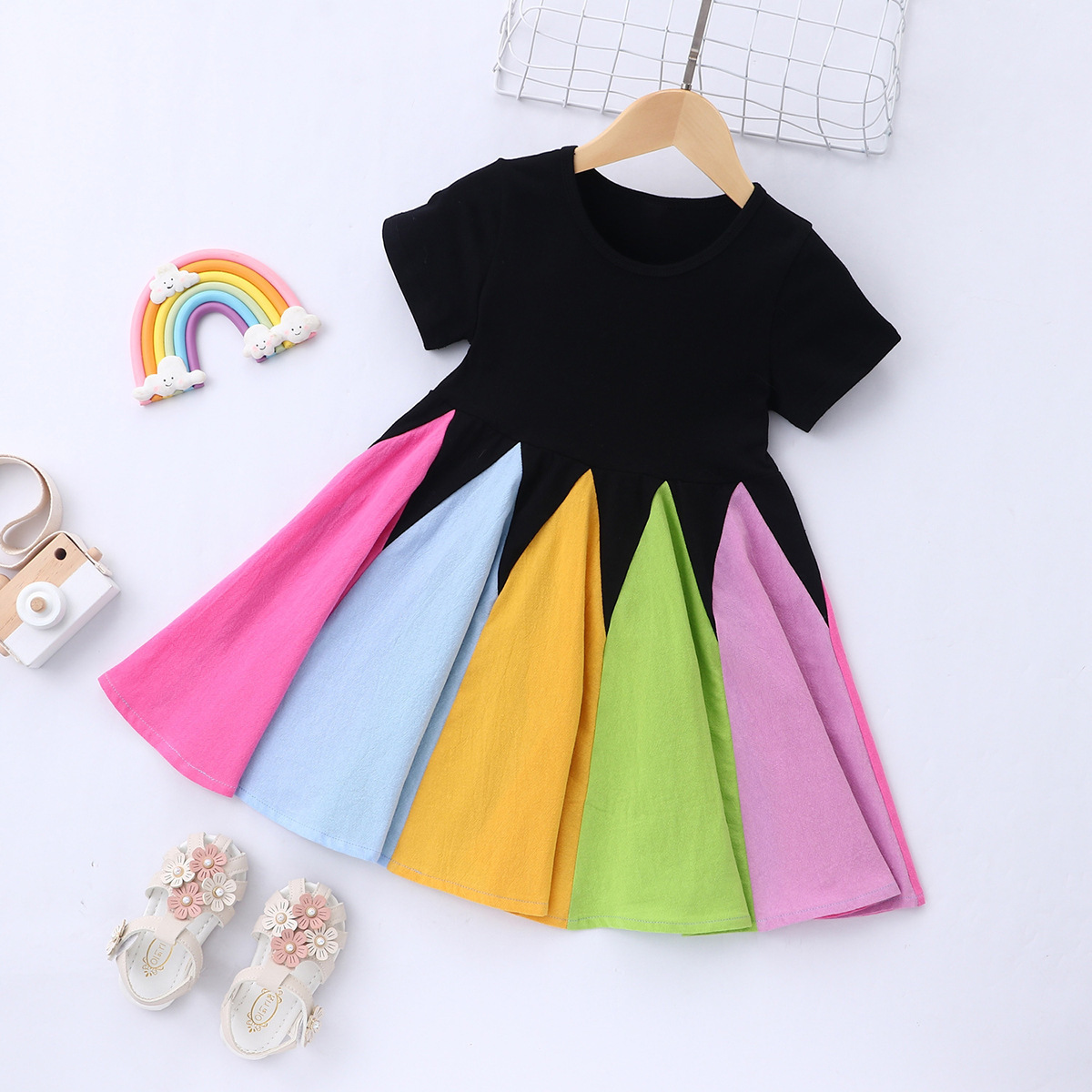 Wholesale toddler girls dresses short sleeve round neck colorful splicing rainbow full twirl dress factory custom