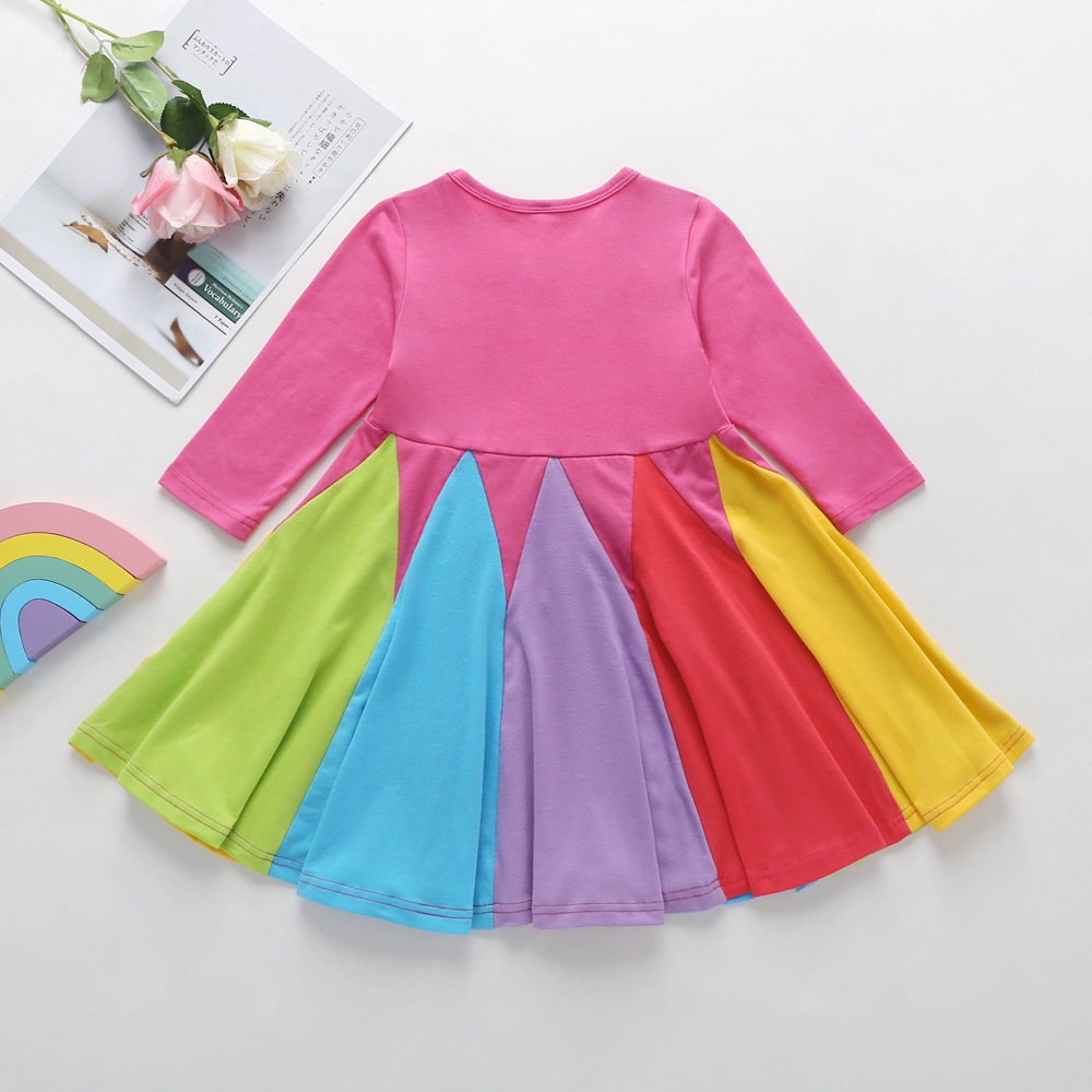 Wholesale toddler girls dresses short sleeve round neck colorful splicing rainbow full twirl dress factory custom