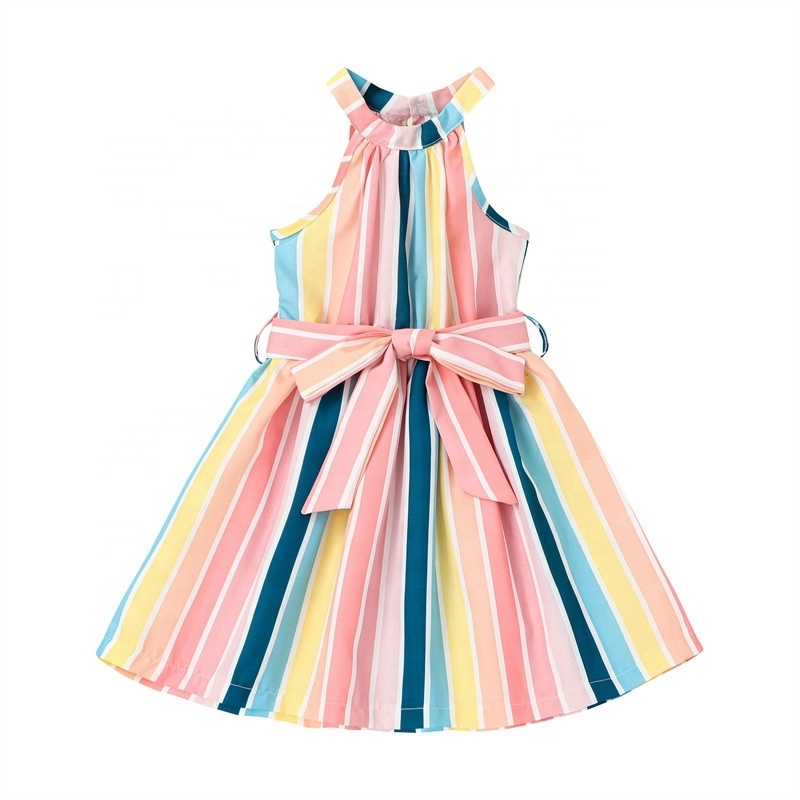 Wholesale baby frock design girl dress off-shoulder rainbow stripe printing halter dress Kids Summer Clothes dress for baby girl