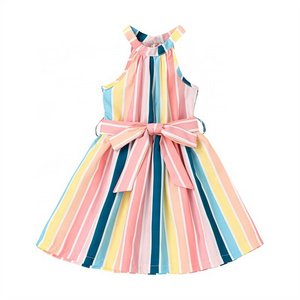 Wholesale baby frock design girl dress off-shoulder rainbow stripe printing halter dress Kids Summer Clothes dress for baby girl