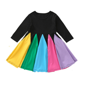 Wholesale toddler girls dresses short sleeve round neck colorful splicing rainbow full twirl dress factory custom