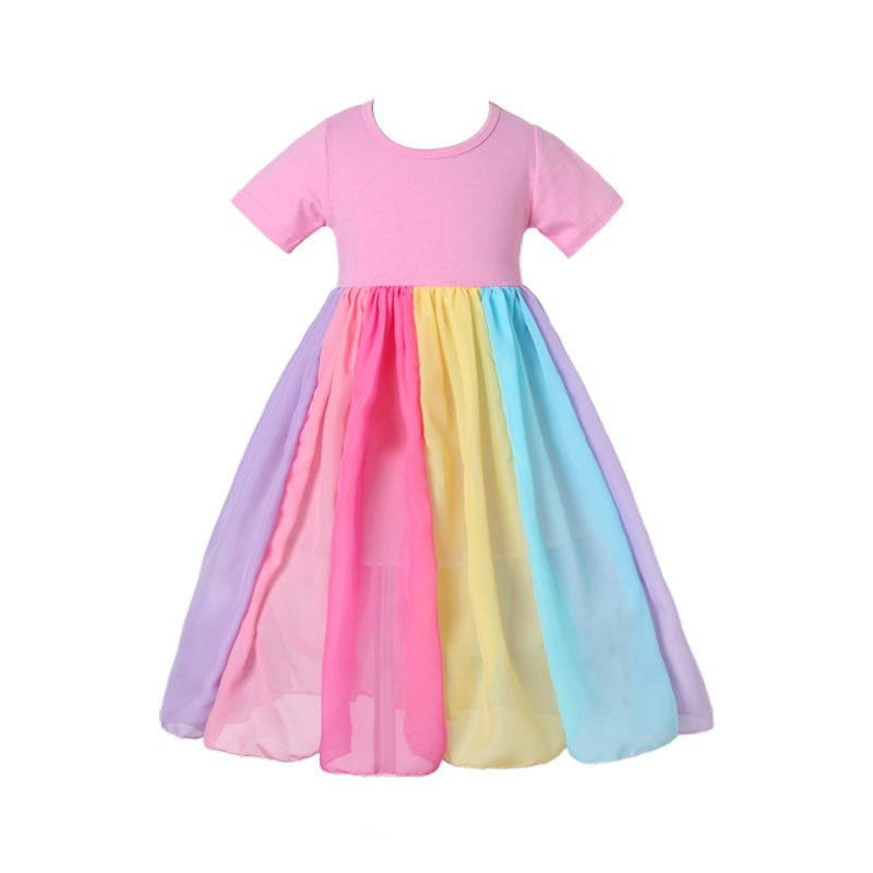 Wholesale summer girls Short Sleeve Rainbow splicing tulle Dress Girls maxi Princess Dress Party Baby Girl Dresses