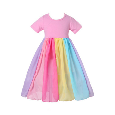 Wholesale summer girls Short Sleeve Rainbow splicing tulle Dress Girls maxi Princess Dress Party Baby Girl Dresses