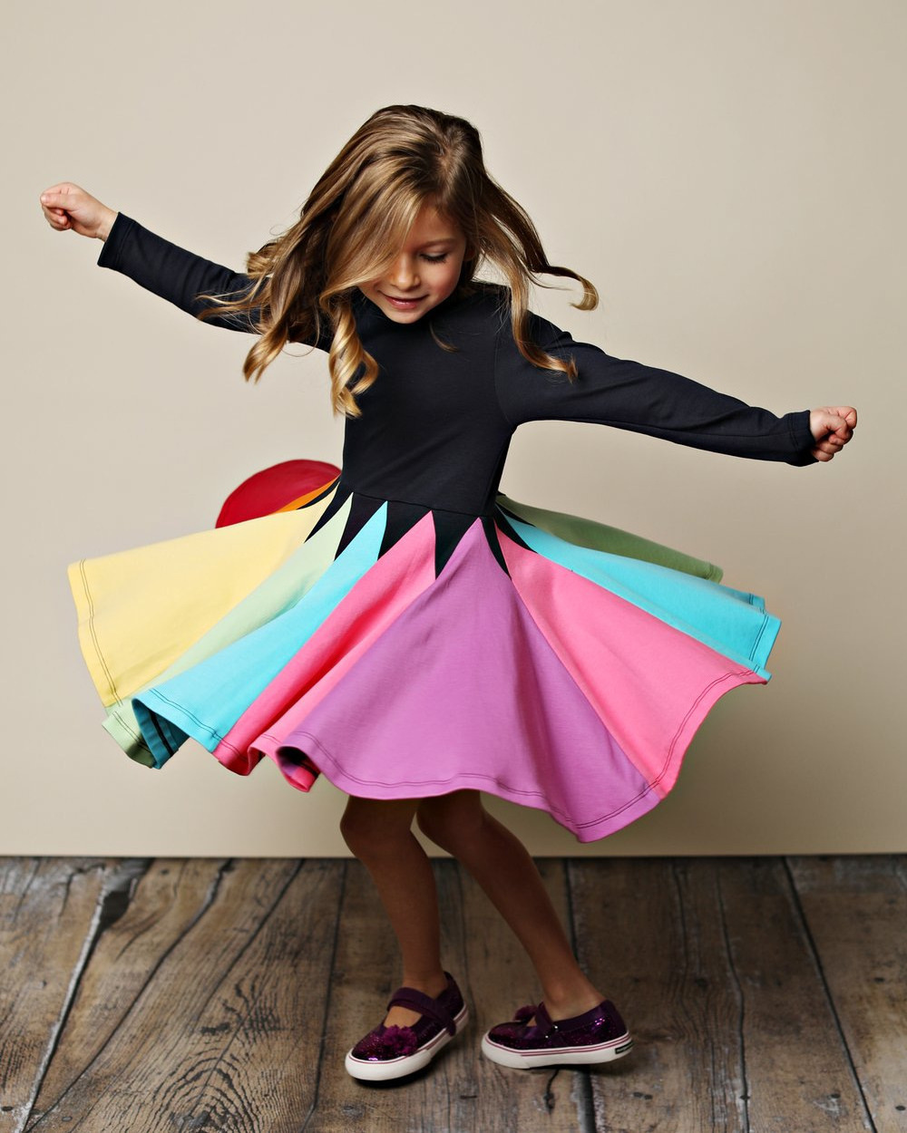 Wholesale toddler girls dresses short sleeve round neck colorful splicing rainbow full twirl dress factory custom