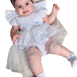 Kid boutique wholesale infant toddler flaresleeve onesie white pearl lace tutu skirt leotard baby girls romper