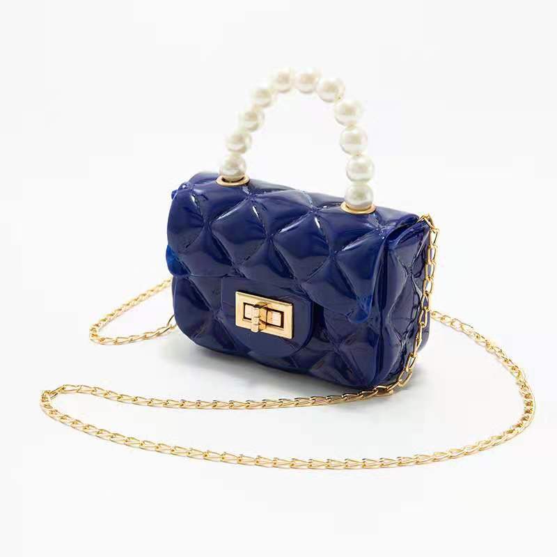 Wholesale girls pearl handle jelly purse hand bags for kids candy color crossbody metal chain bag PVC handbags women's mini bags