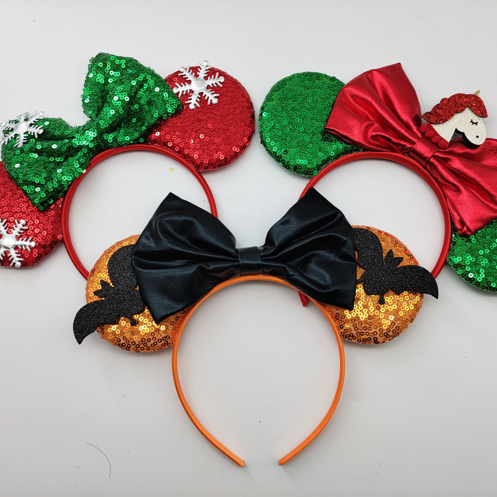 Wholesale fashion New Halloween Headband Sequin bat Bow hairband Party hairwear kid Mickey ear head hoop children gift