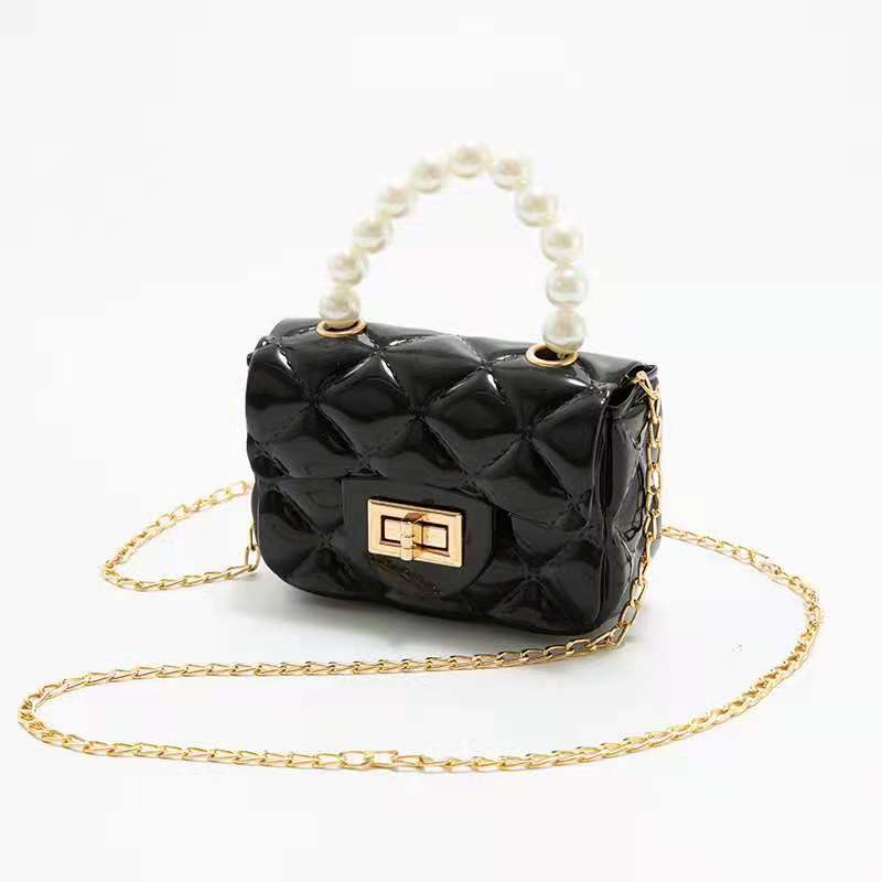 Wholesale girls pearl handle jelly purse hand bags for kids candy color crossbody metal chain bag PVC handbags women's mini bags