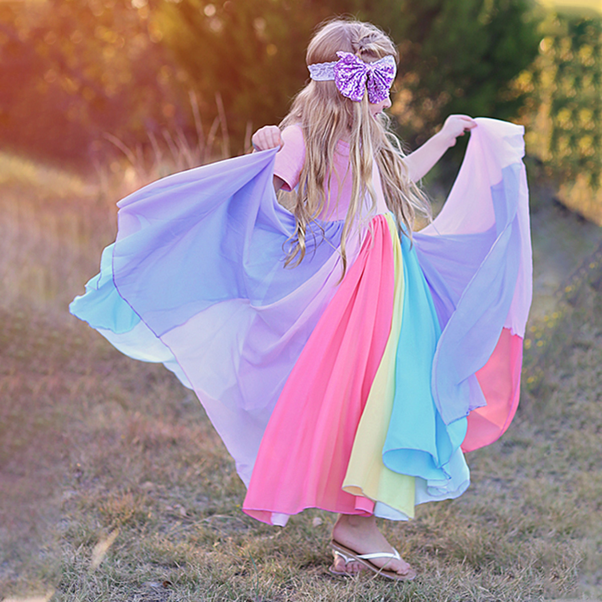 Wholesale summer girls Short Sleeve Rainbow splicing tulle Dress Girls maxi Princess Dress Party Baby Girl Dresses