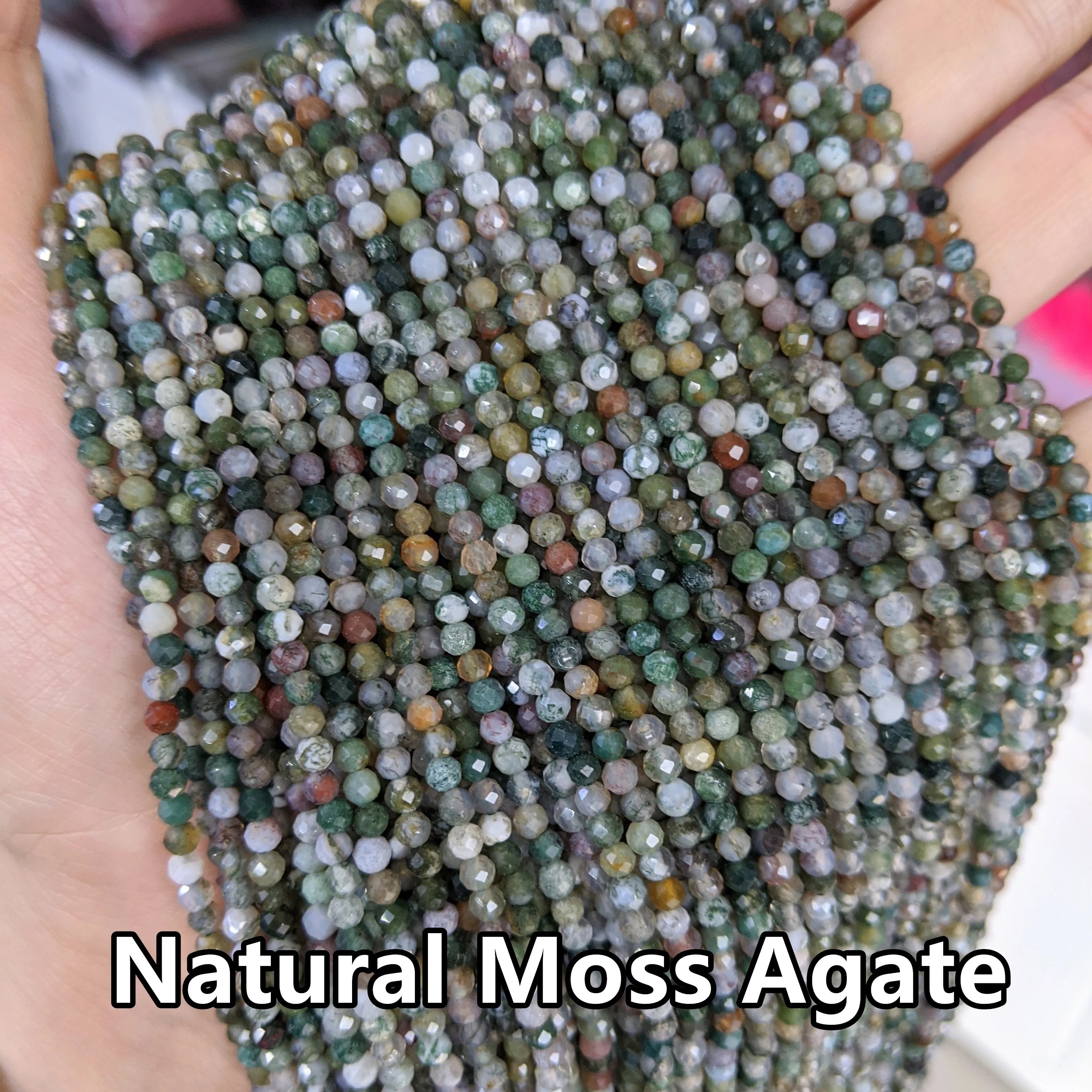 hotsale Moss Agate Natural Faceted Beads 3mm Cutting Loose Green Moss Agate Beads for Jewelry Making