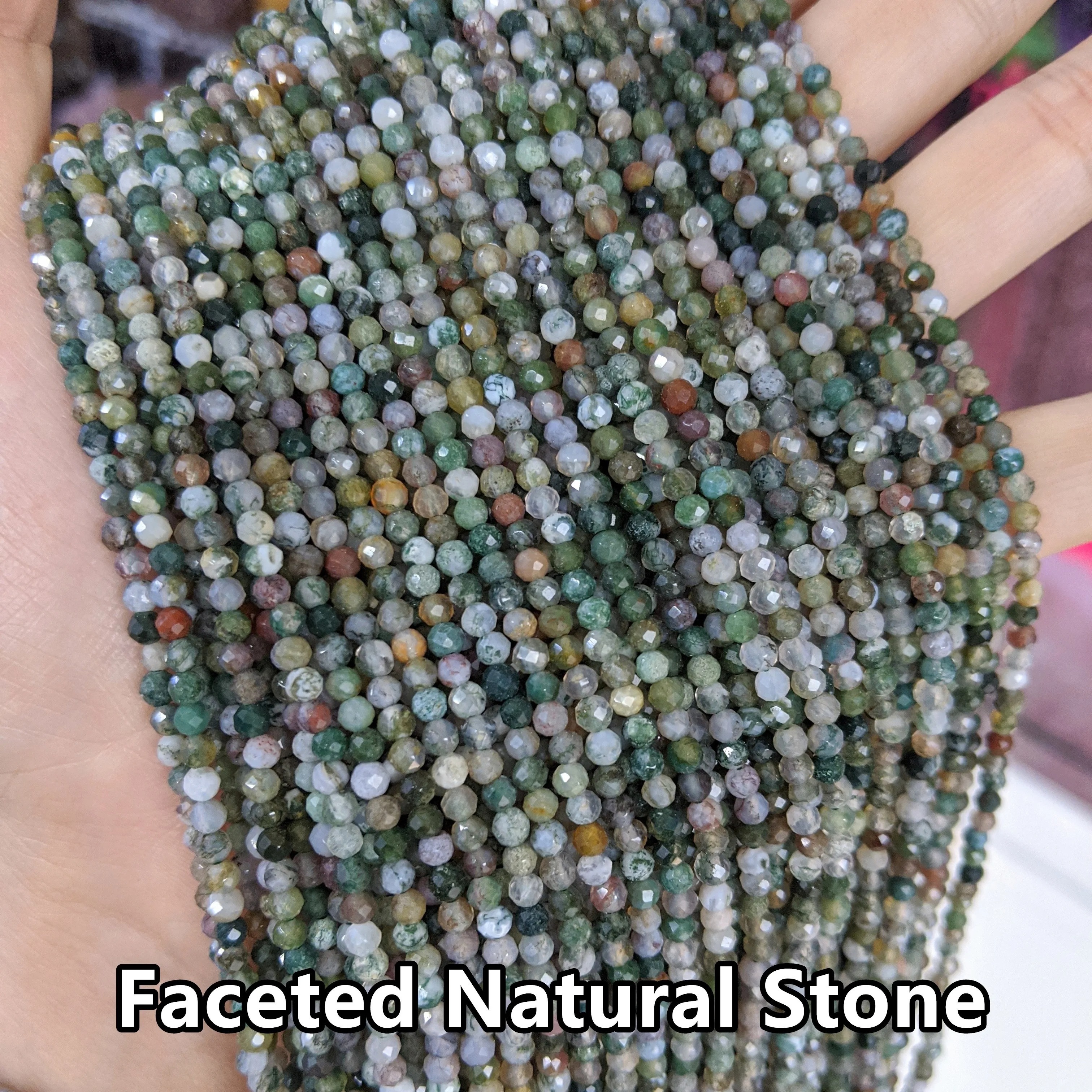 hotsale Moss Agate Natural Faceted Beads 3mm Cutting Loose Green Moss Agate Beads for Jewelry Making