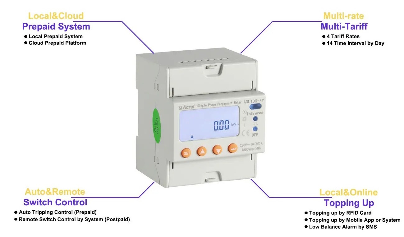 Acrel ADL100-EYZ smart prepaid energy meter overload power off with circuit breaker multi tariff for Properties multiple users