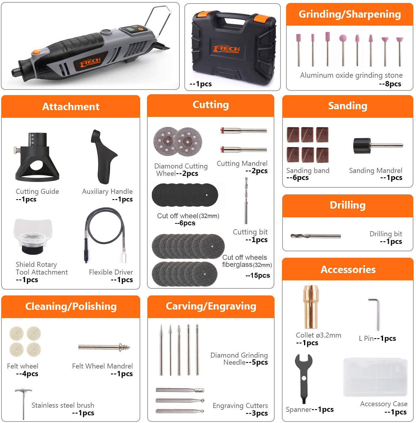 EU 200W Dremel Rotary Tool Kit 10000-40000/min LCD Display 61 pcs Accessories Mini Grinder