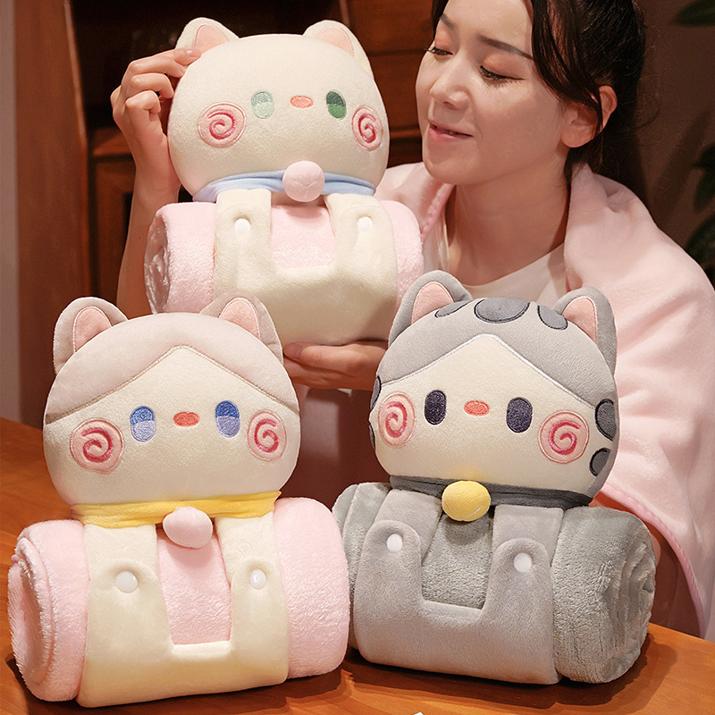 Factory wholesale Cute kitty pillows blanket 2 in 1 travel cat blanket and pillow kids blankets and pillows and toys