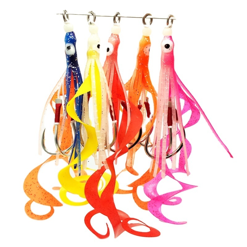 wholesale hand-tied slow swing luminous squid roll streamer silicone silk skirt fish soft bait lure with hook 1/0-5/0