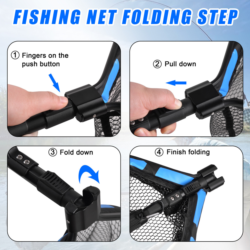 Folding Fishing Net Rubber Coated Fishing Landing Net Foldable Telescopic Fishing Net for Freshwater or Saltwater