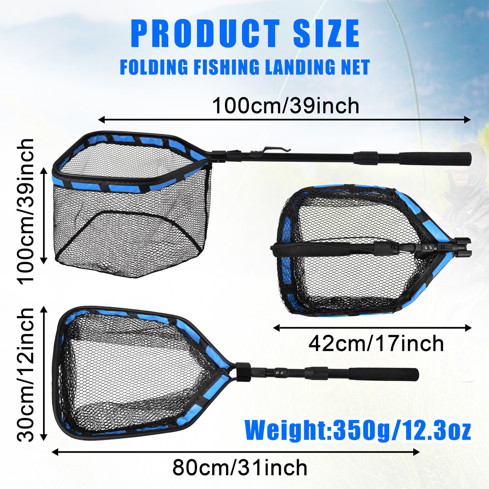 Folding Fishing Net Rubber Coated Fishing Landing Net Foldable Telescopic Fishing Net for Freshwater or Saltwater