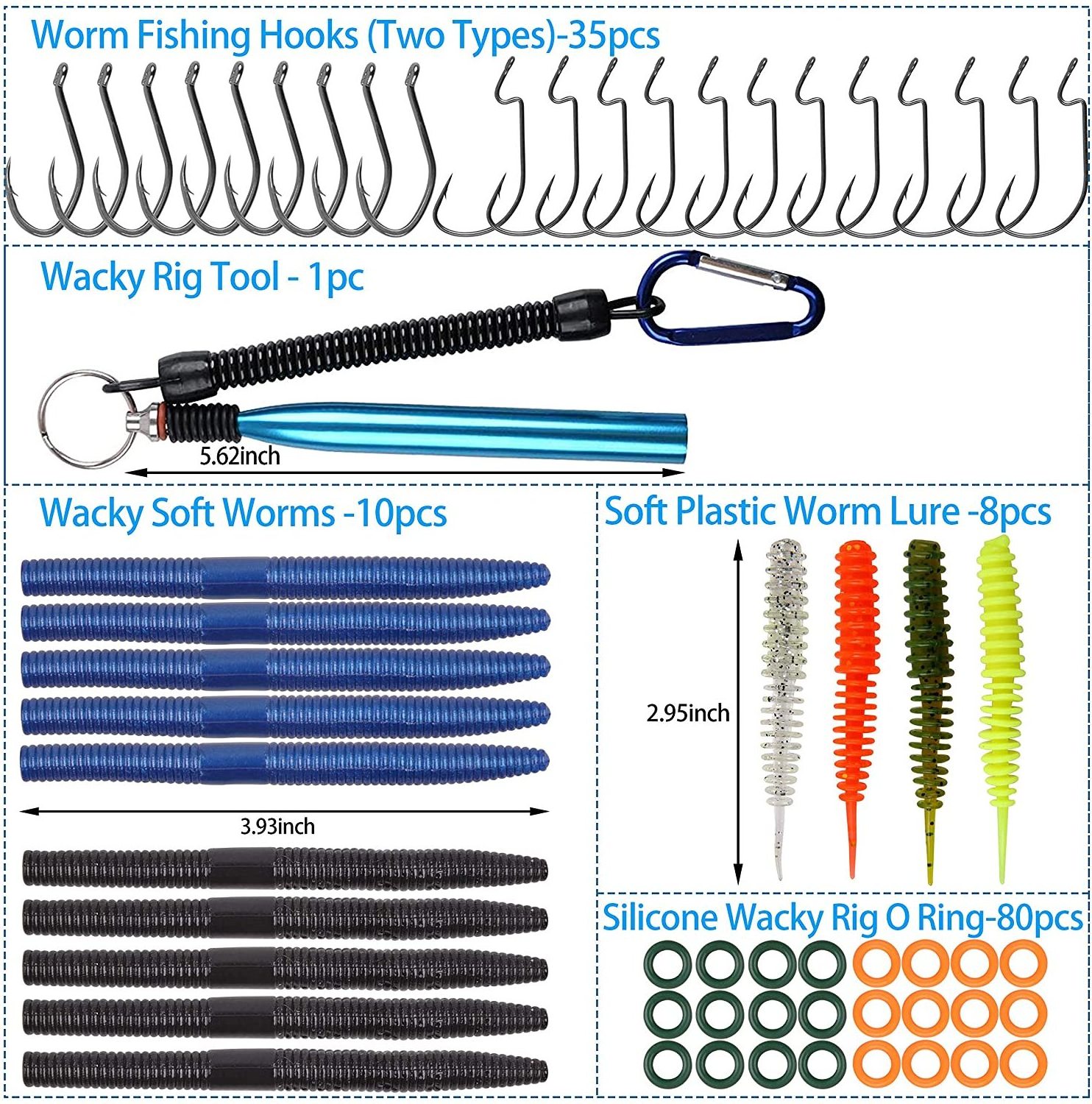 134pcs Bass Fishing Wacky Worm Kit Wacky Rig Tool with O Rings Worm Bait Hooks Soft Plastic Lures Set