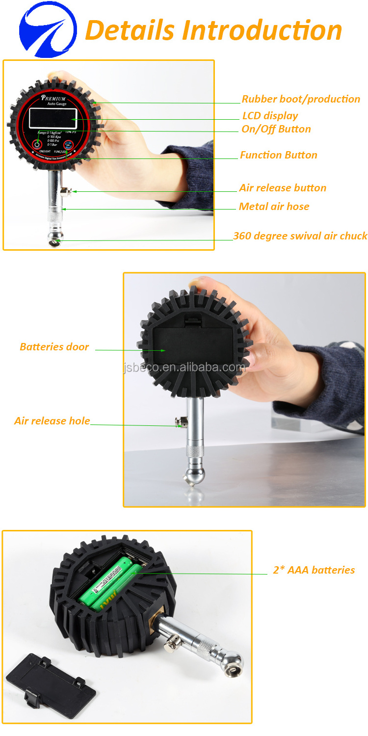 Metal Short Rod Digital LCD Tire Pressure Gauge With Swivel Air Chuck And Air Release Button