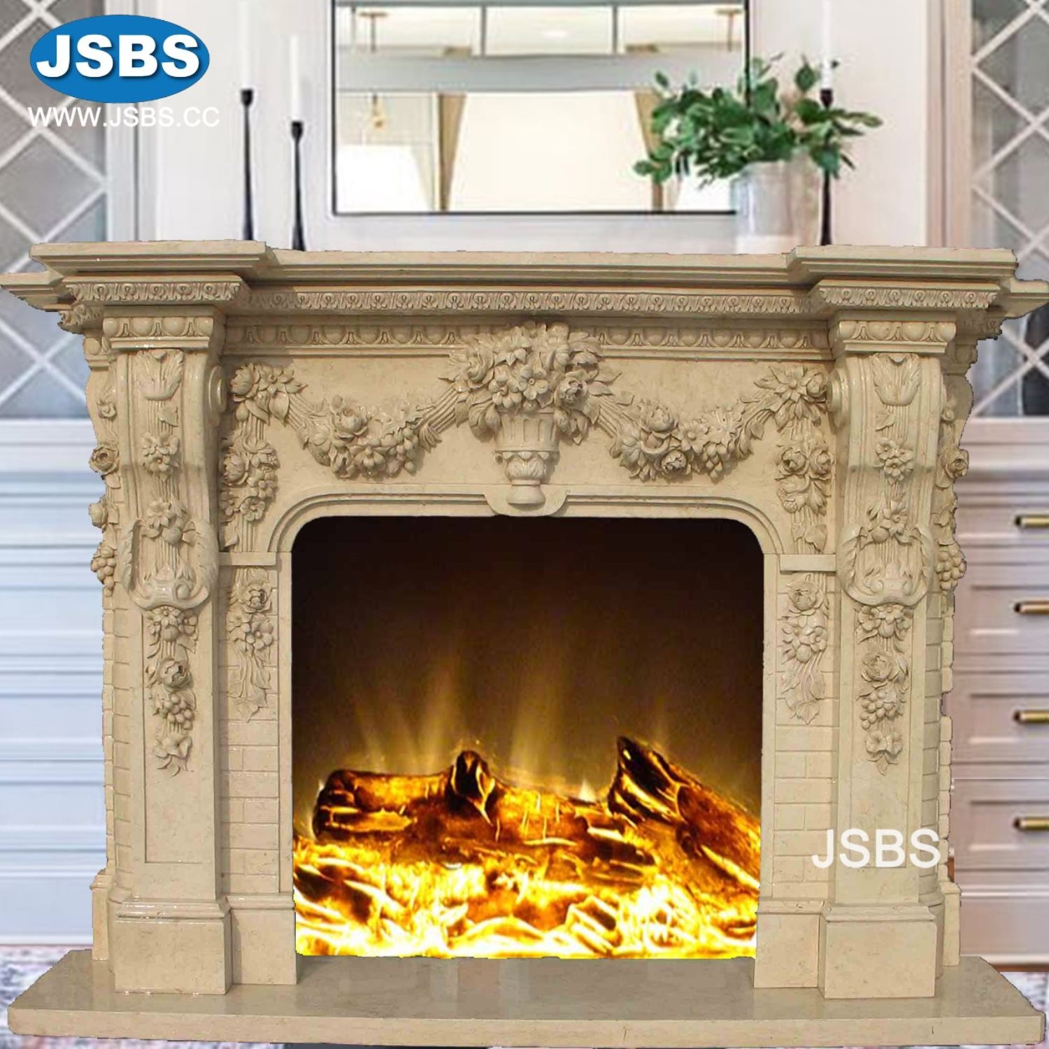 factory price french style stone carved beige marble flower fireplace surround