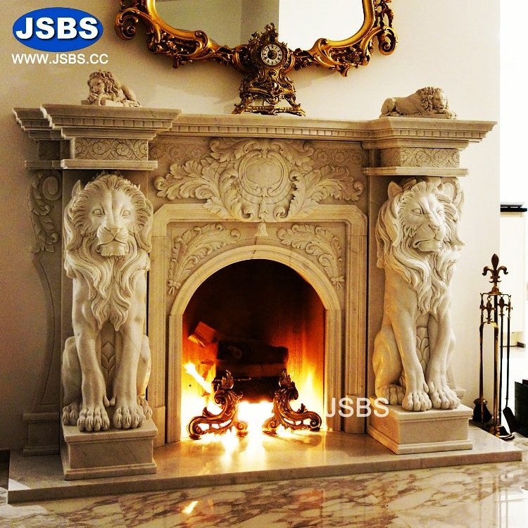 Low Price Classic Lion Head Marble Carving Fireplace Mantle