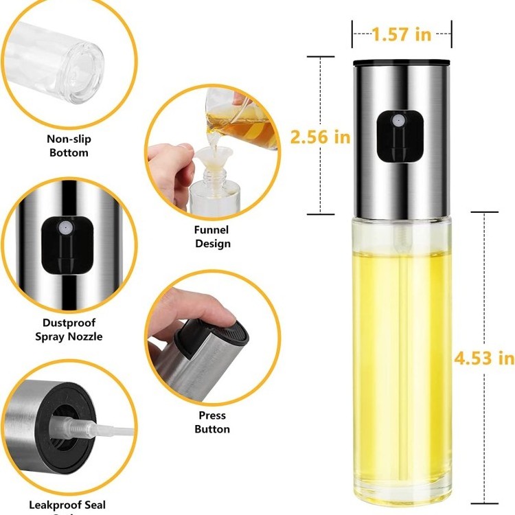 100ml Oil Sprayer for Kitchen Cooking Air Fryer Stainless Steel Glass Food Spray Bottle Olive Oil Sprayer BBQ Oven Grilling