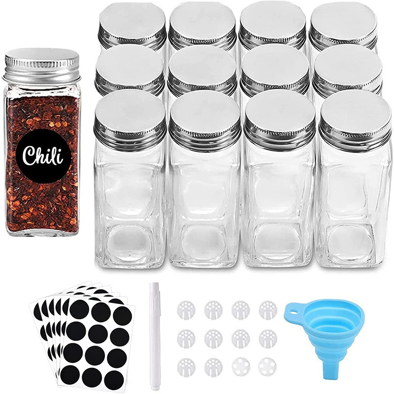 Wholesale 4oz Transparent Empty Square Spice Containers Glass Spice Jars with Shaker Lids