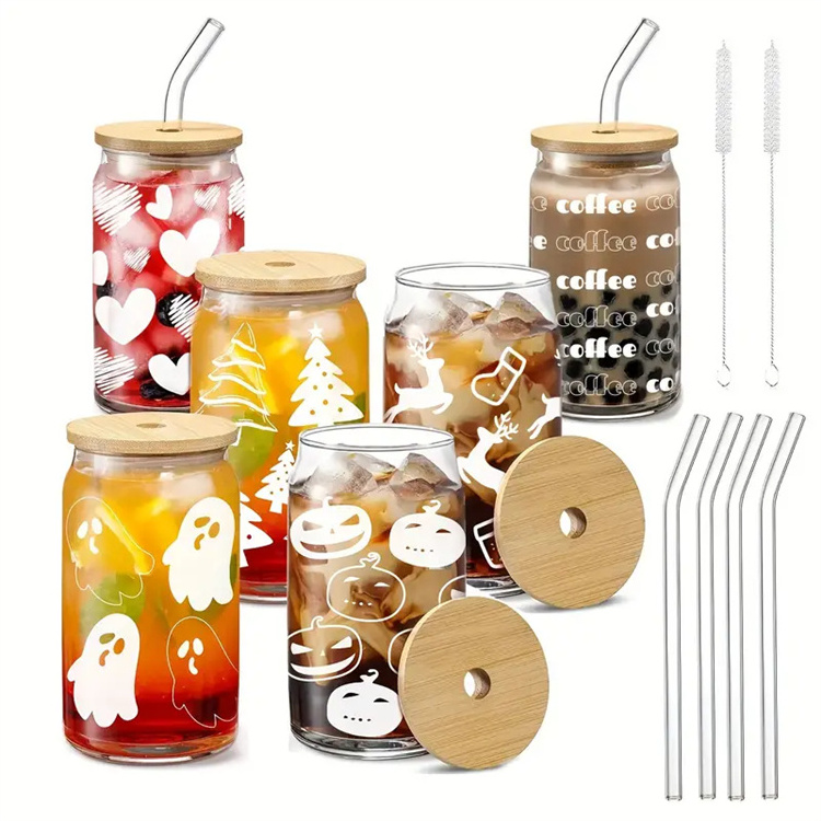 Halloween Theme 12oz 17oz 20oz Frosted Clear Beer Can Shaped Sublimation Beer Can Glass Jar with Bamboo Lid and Straws