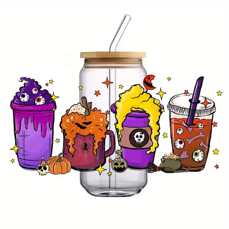 Halloween Theme 12oz 17oz 20oz Frosted Clear Beer Can Shaped Sublimation Beer Can Glass Jar with Bamboo Lid and Straws