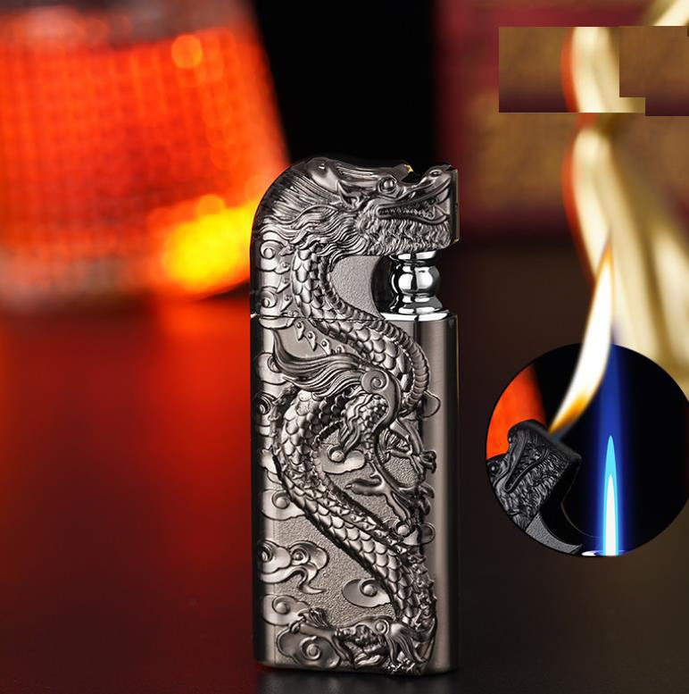 3D Double Fire Lighter Creative blue jet Flame Metal Inflatable Lighter Relief Golden Dragon Lighter