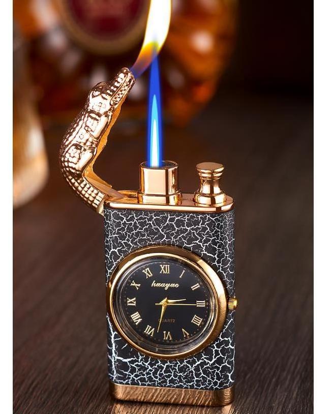 Double Flame Crocodile Model Lighter with Clock Disc Windproof Gas Lighter Creative Cigarette Lighter