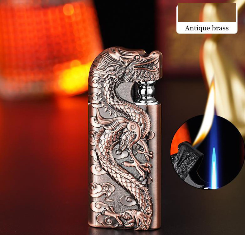 3D Double Fire Lighter Creative blue jet Flame Metal Inflatable Lighter Relief Golden Dragon Lighter